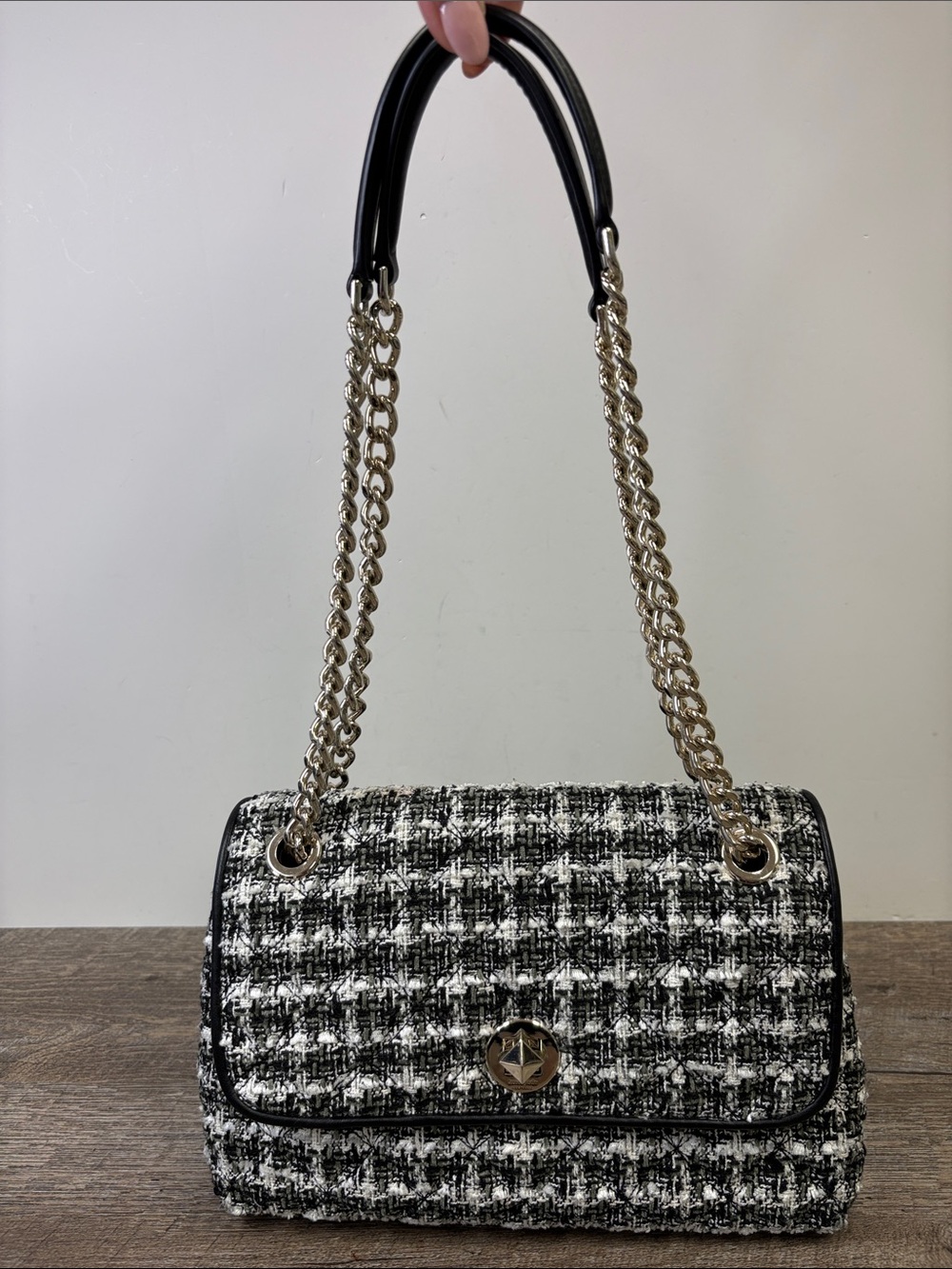 Kate Spade New York Black White Tweed Chain Shoulder Bag Turnlock